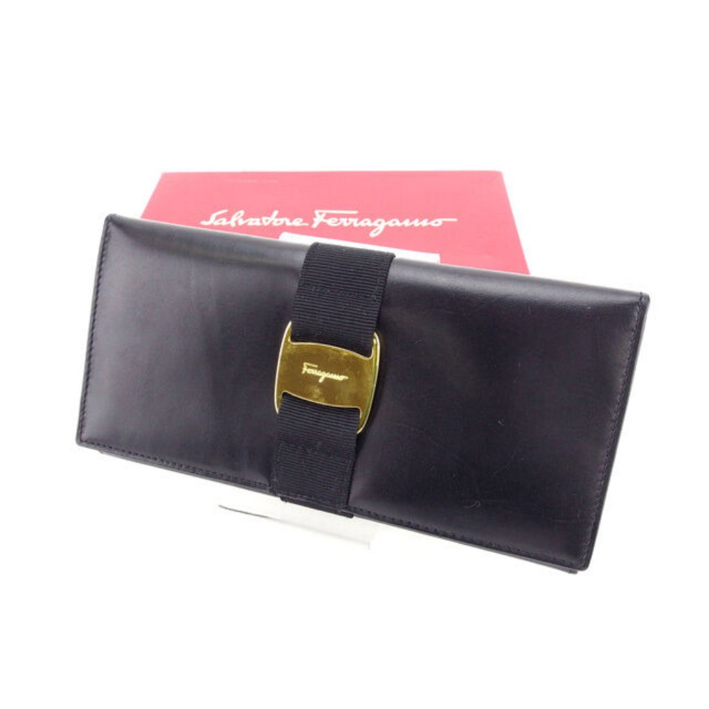 Authentic Salvatore Ferragamo Wallet Purse Vera Black Gold Woman